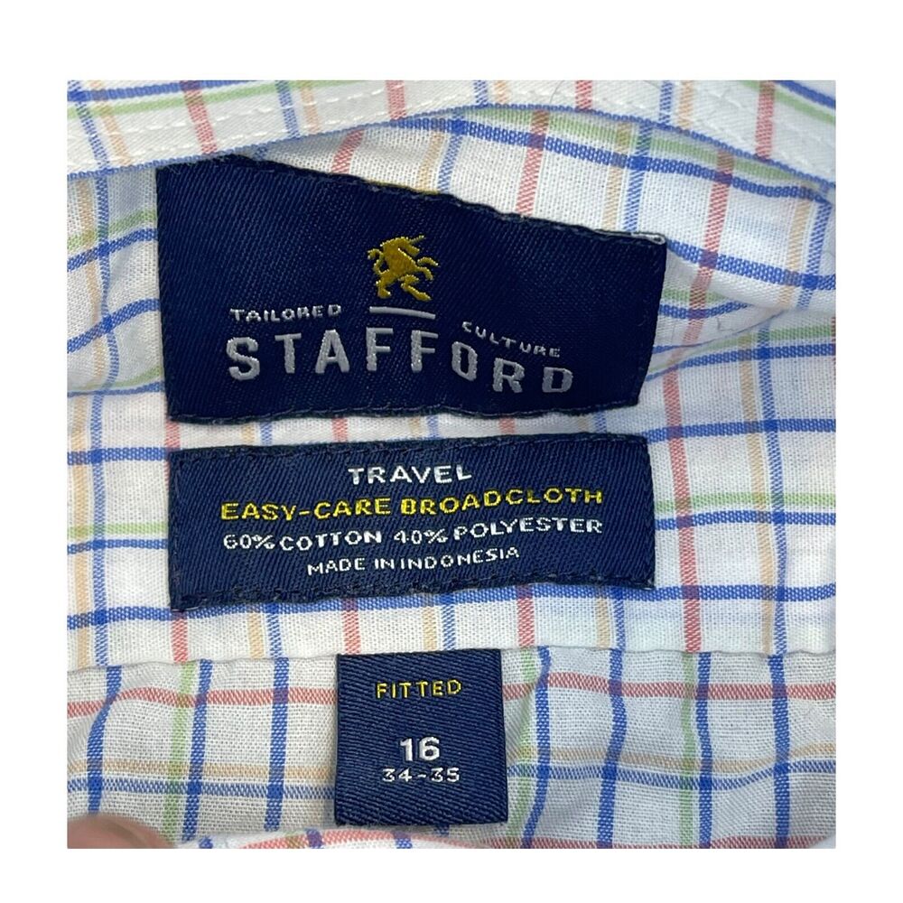 Stafford Dress Shirt Men's 16 Multicolor Plaid Cotton Fitted Long Sleeve Formal - Picture 3 of 6